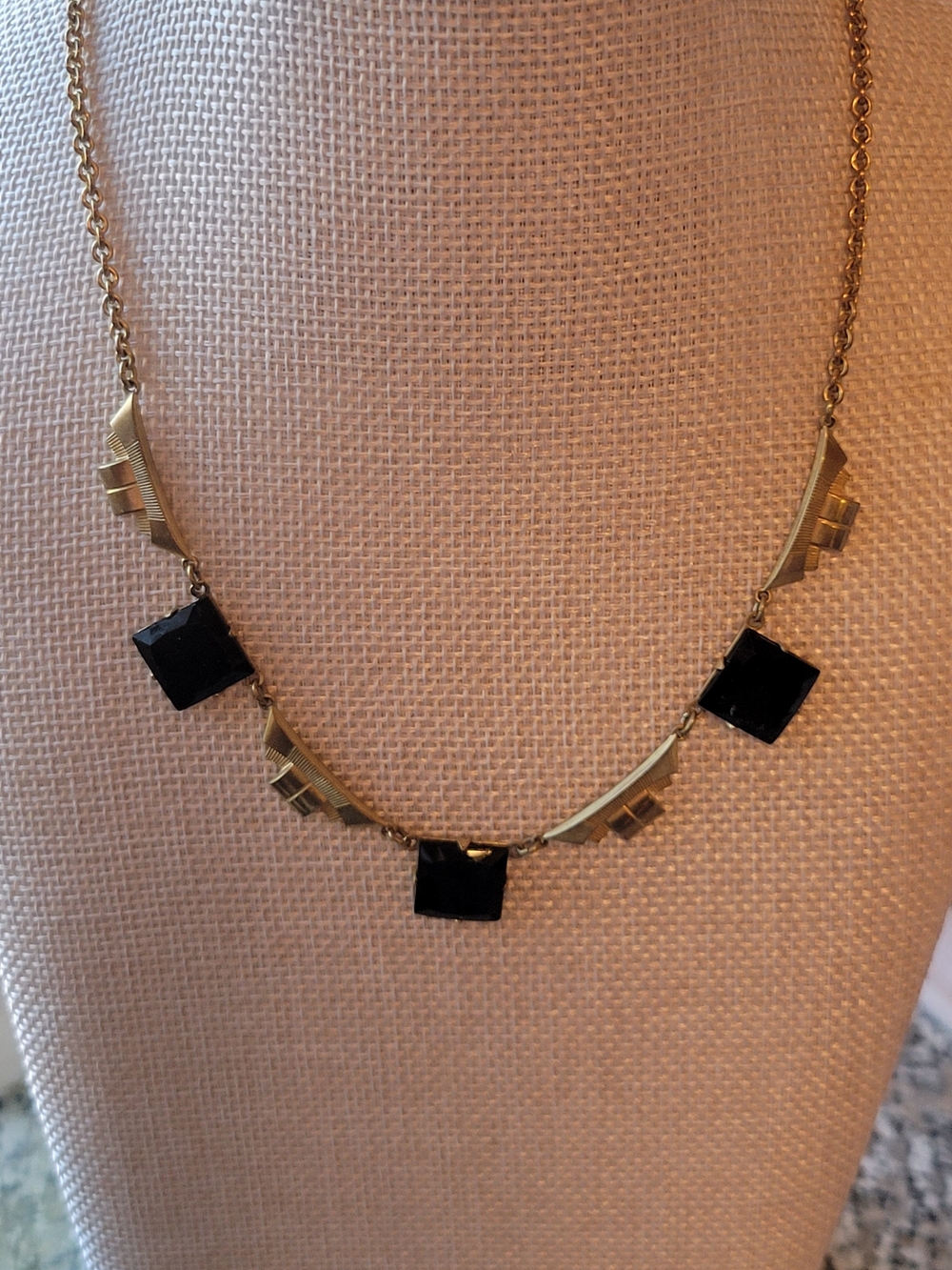 Vintage Art Deco - Gold-Tone Necklace with Black Glass Square Stones
